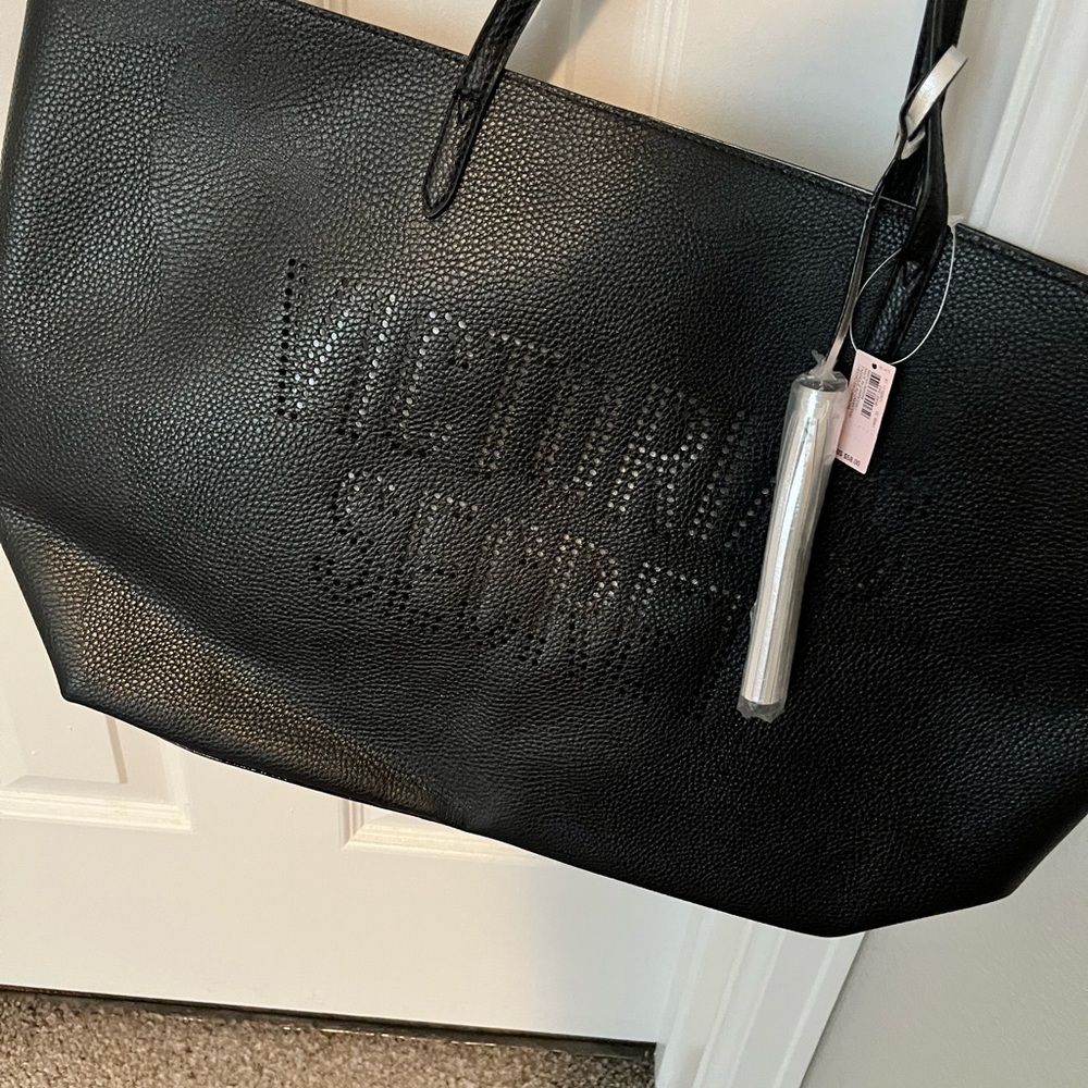 Victoria's Secret Black Pebbled Leather Tote with Textured Logo